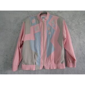 VTG 80s Joyce Pastel Geometric Jacket Pink Blue Zip Up Windbreaker Size 10 USA